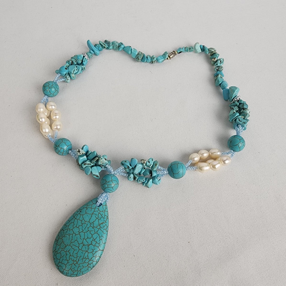 Turquoise and Pearl Statement Necklace with Large Teardrop Pendant