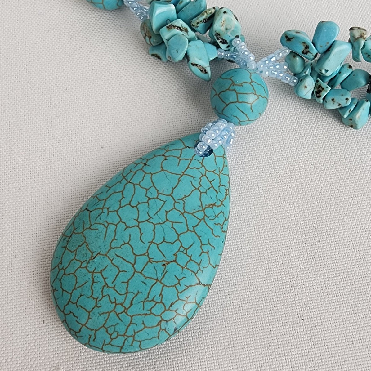 Turquoise and Pearl Statement Necklace with Large Teardrop Pendant