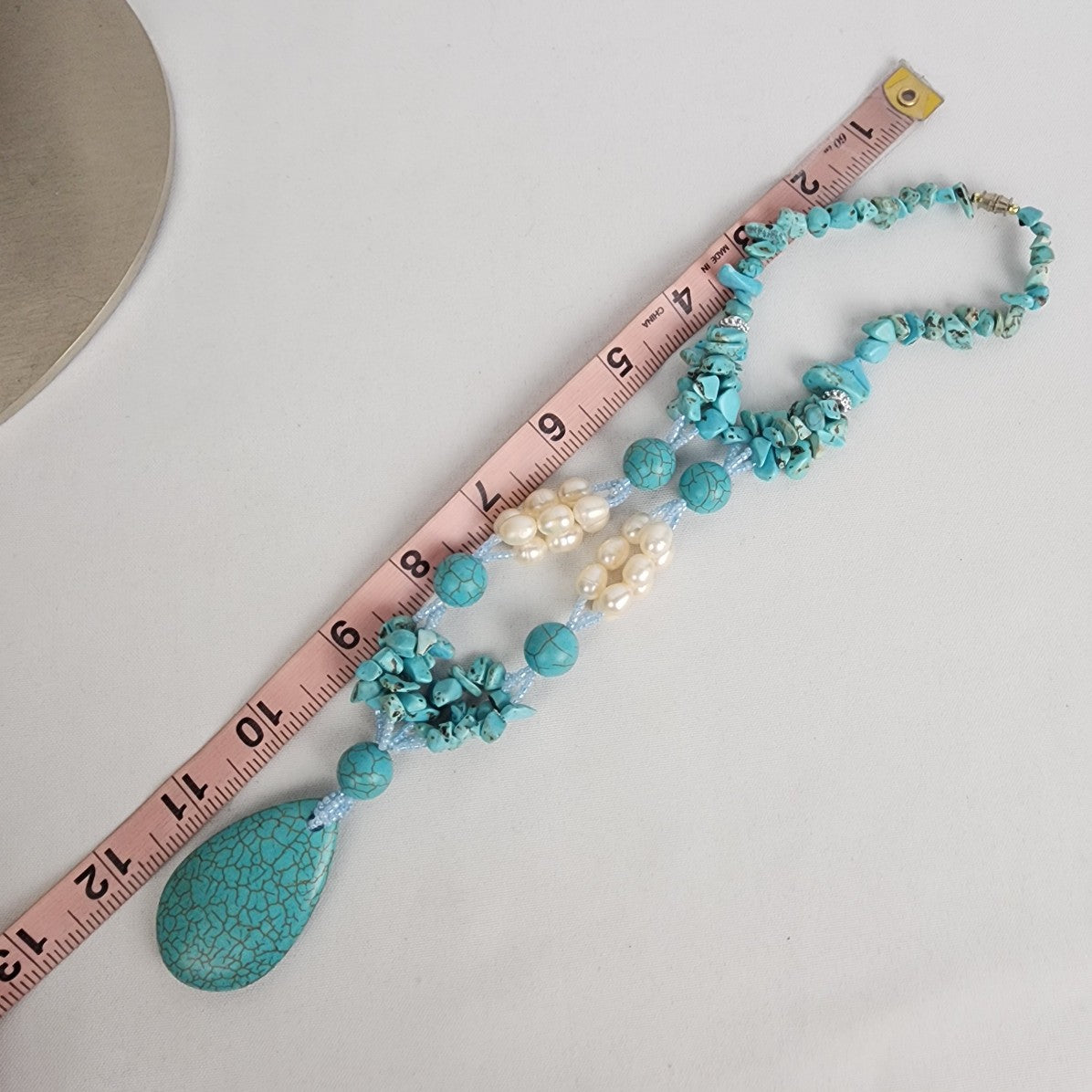 Turquoise and Pearl Statement Necklace with Large Teardrop Pendant