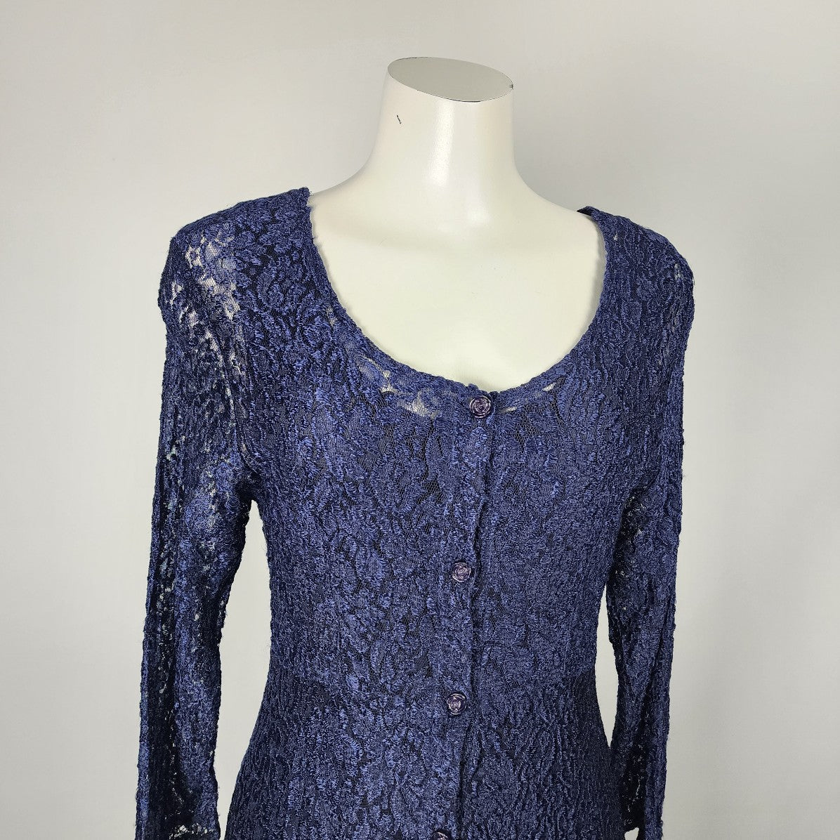 Vintage 90s Jessanan Navy Blue Lace Button Up Midi Dress Size S