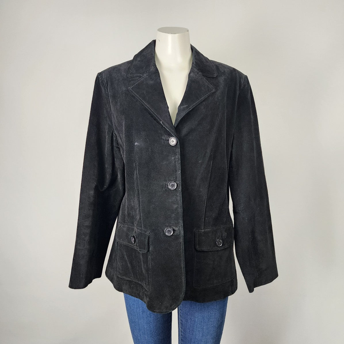 Lady Hathaway Black Suede Button Up Jacket Size L/XL