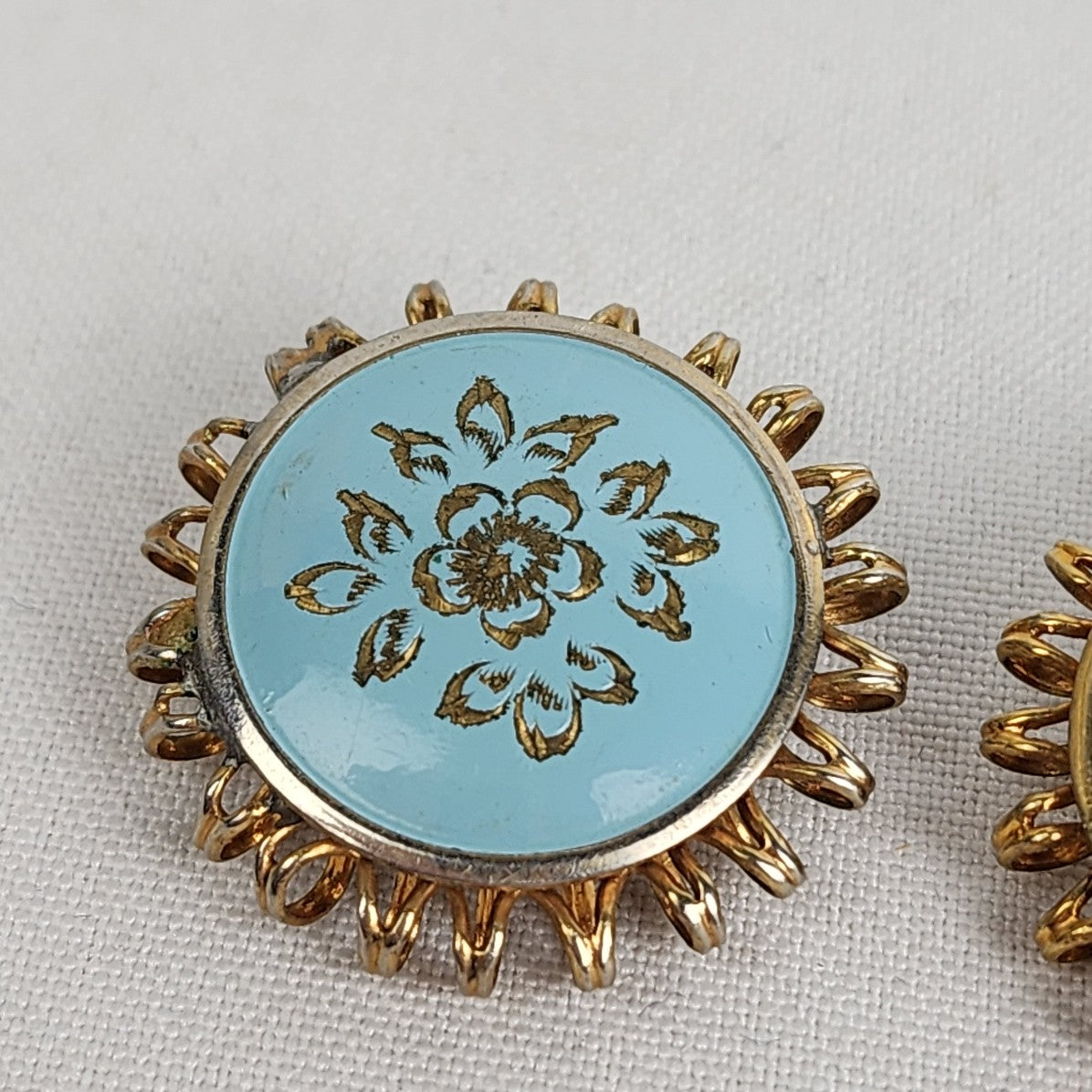 Marino Blue & Gold Enamel Flower Statement Clip On Earrings