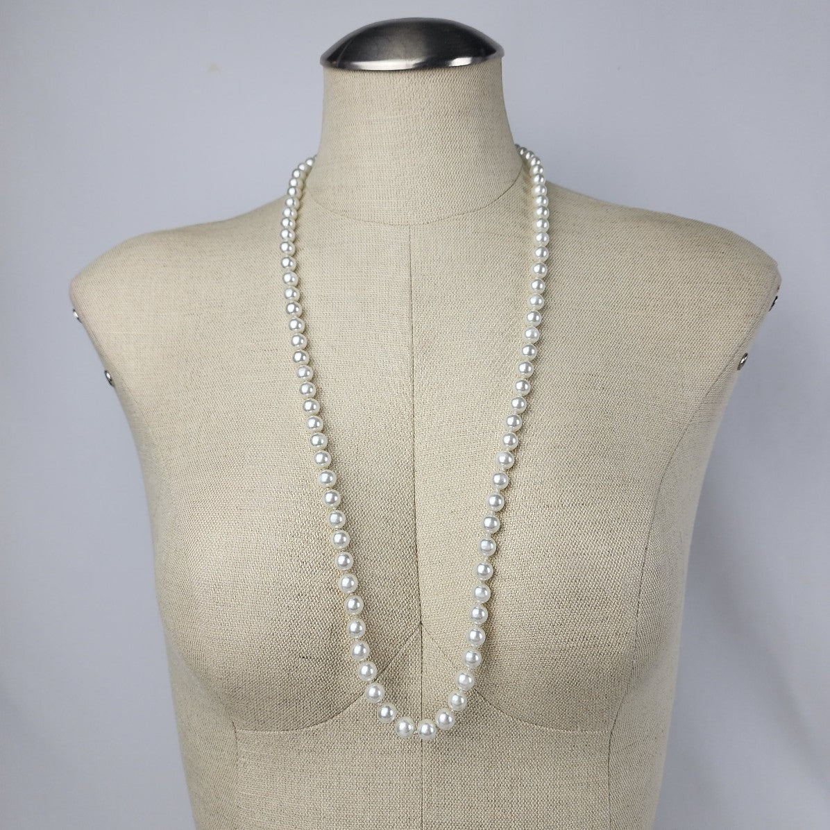 Vintage Cream Glass Faux Pearl Knotted Long Necklace