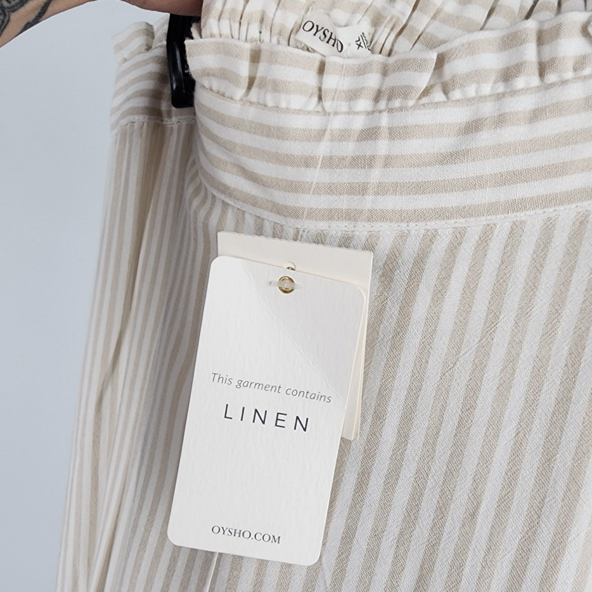 Oysho Linen Cream Striped Cropped Straight Leg Pants Size XL