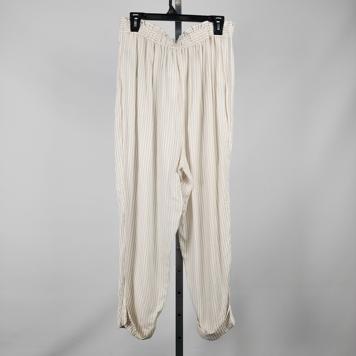 Oysho Linen Cream Striped Cropped Straight Leg Pants Size XL