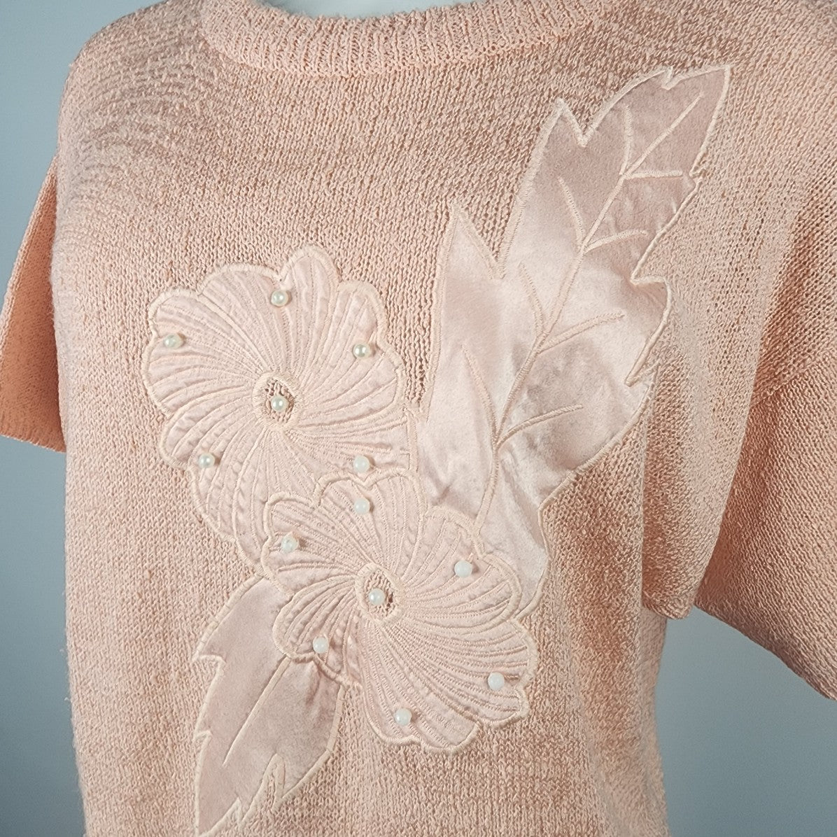 Vintage Peach Floral Short Sleeve Knit Sweater Size L