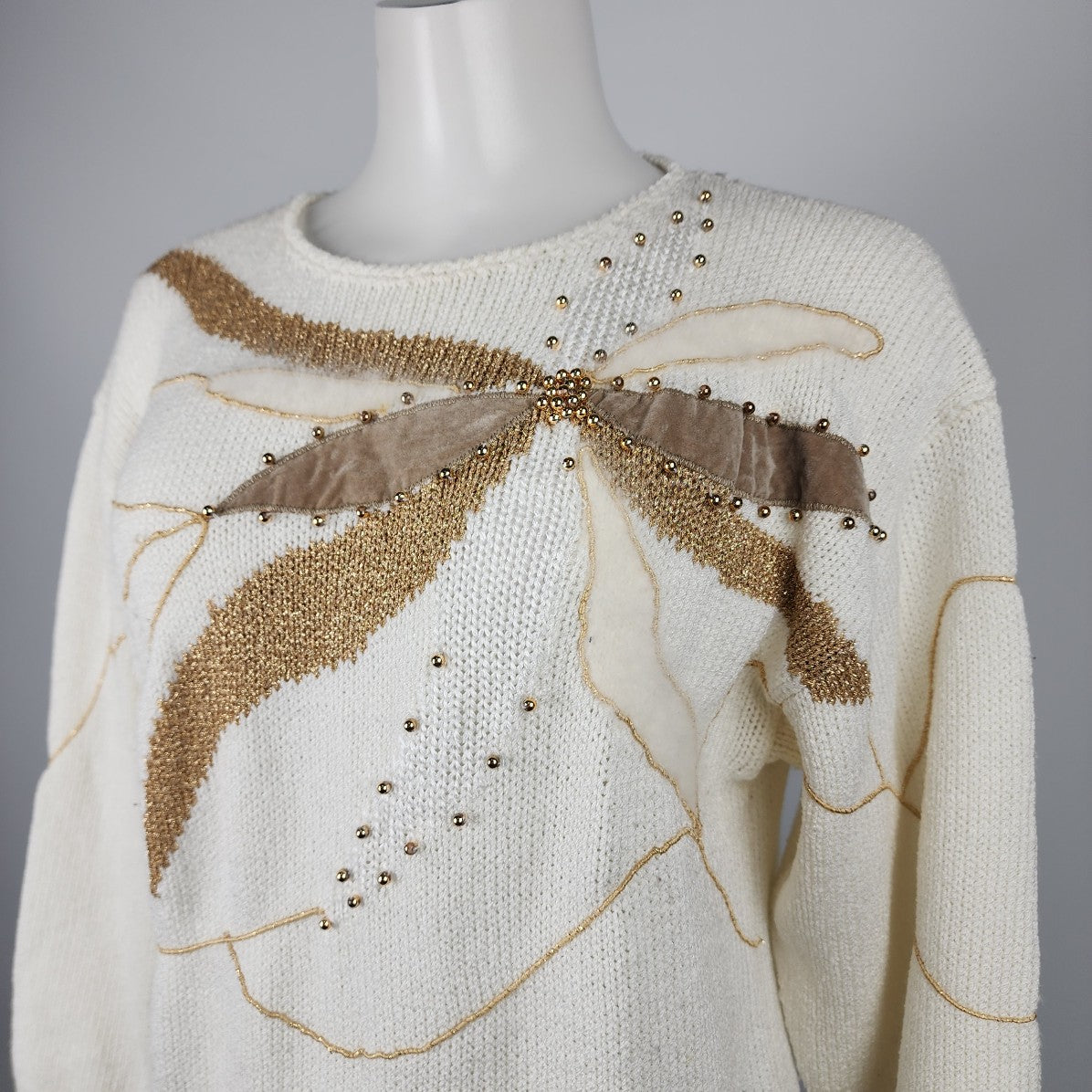 Vintage Cream & Brown Floral Knit Sweater Size L