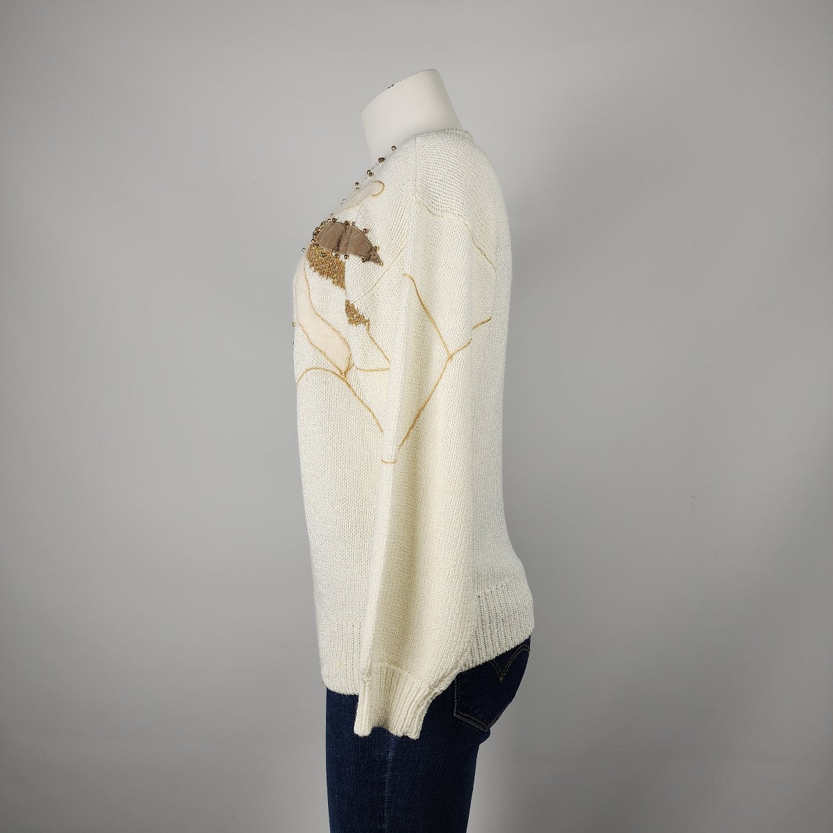 Vintage Cream & Brown Floral Knit Sweater Size L