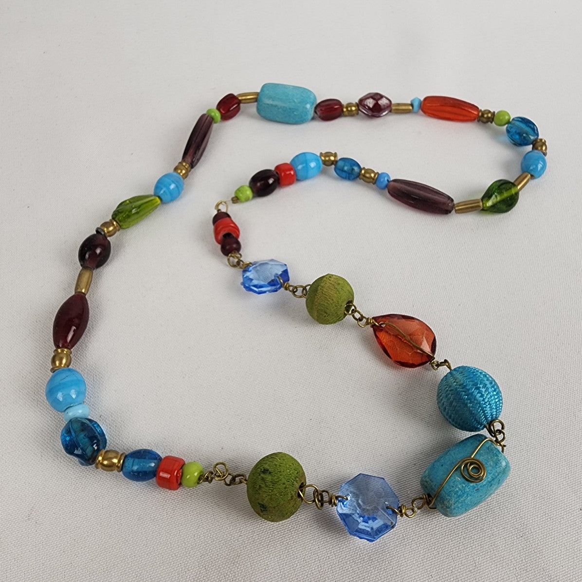 Blue Wire Wrap Natural Stone Beaded Long Necklace