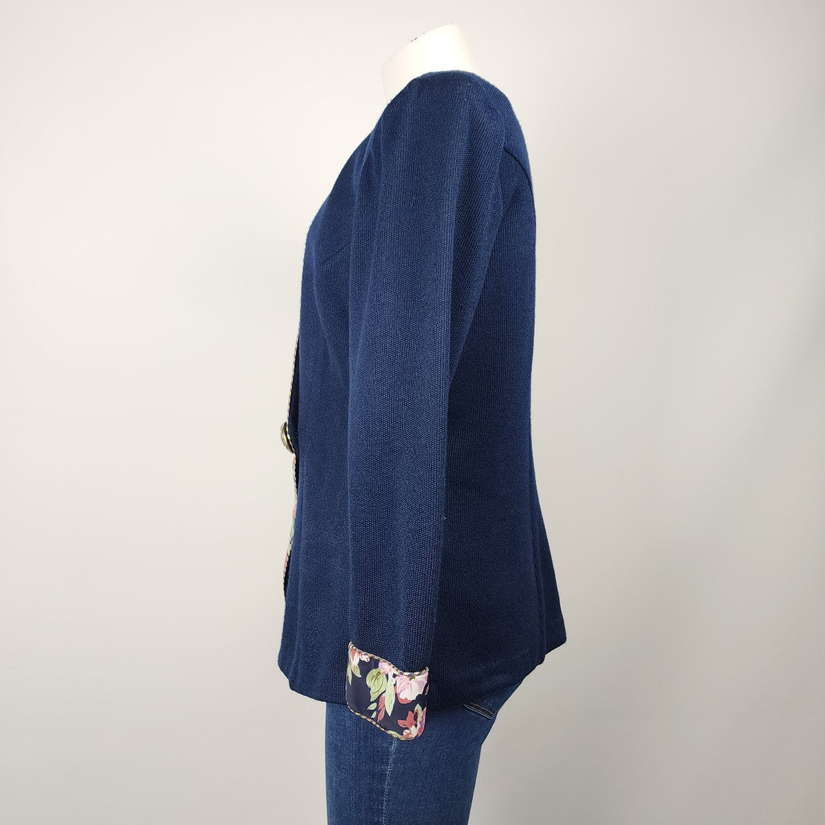 Algo Navy Blue Knit Floral Detail Jacket Size L/XL
