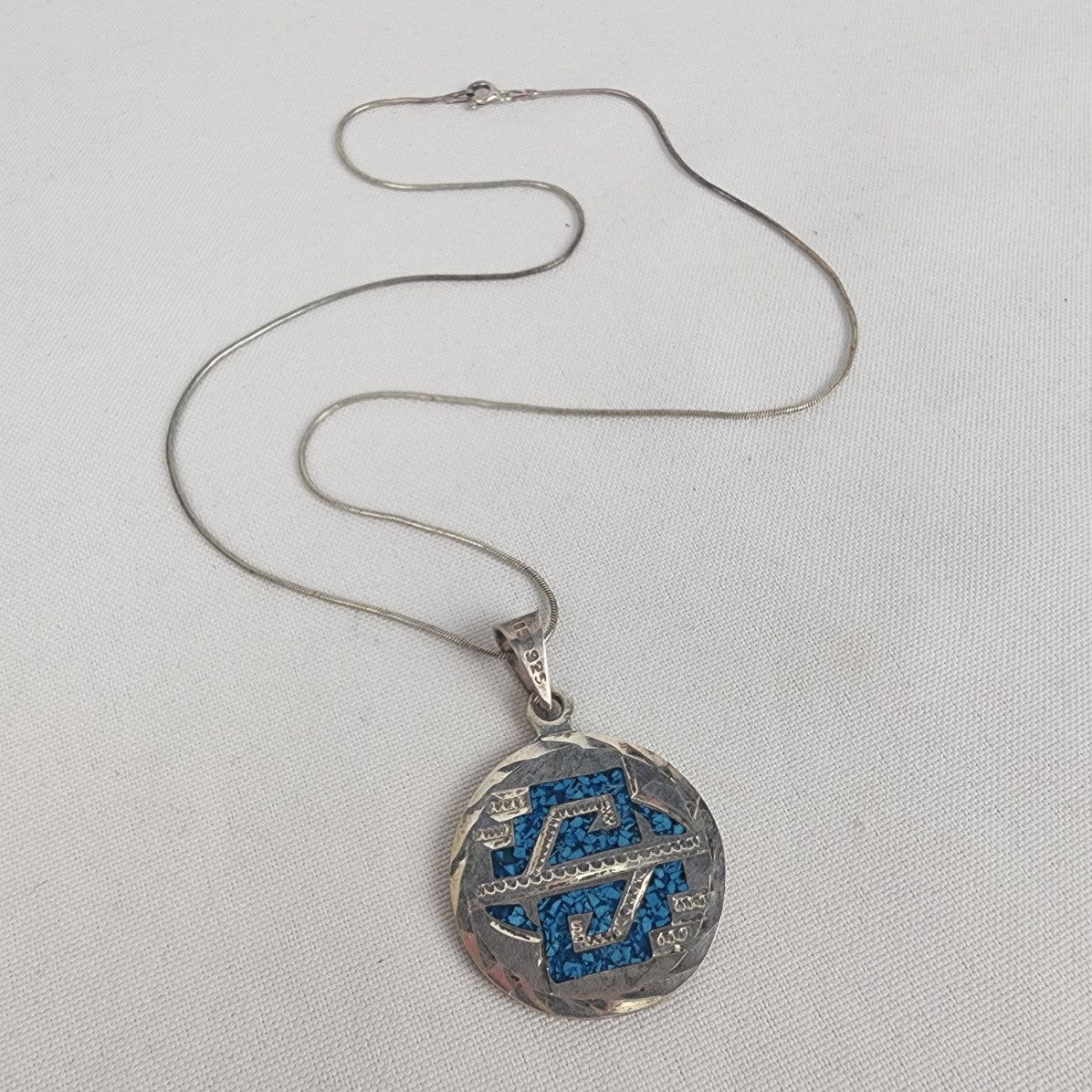Mexico 925 Sterling Silver Aztec Turquoise Pendant Chain Necklace