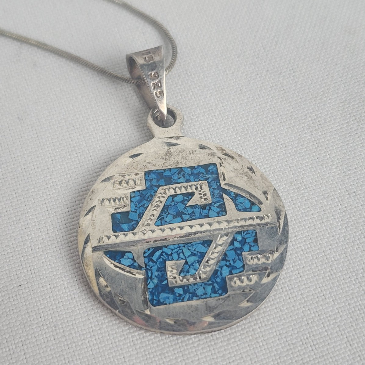 Mexico 925 Sterling Silver Aztec Turquoise Pendant Chain Necklace