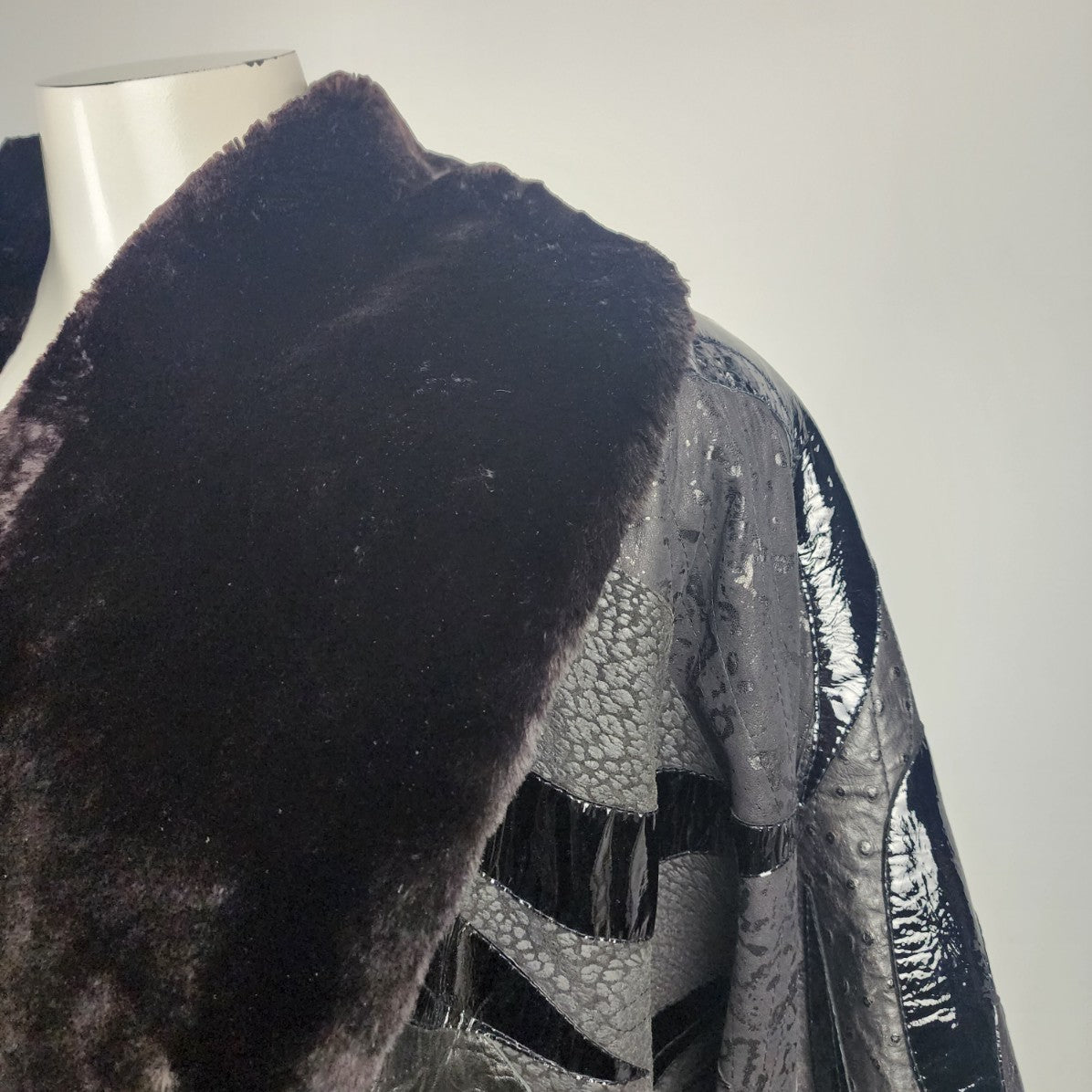 Vintage Leather & Suede Fur Trimmed Patchwork Long Jacket Size M/L