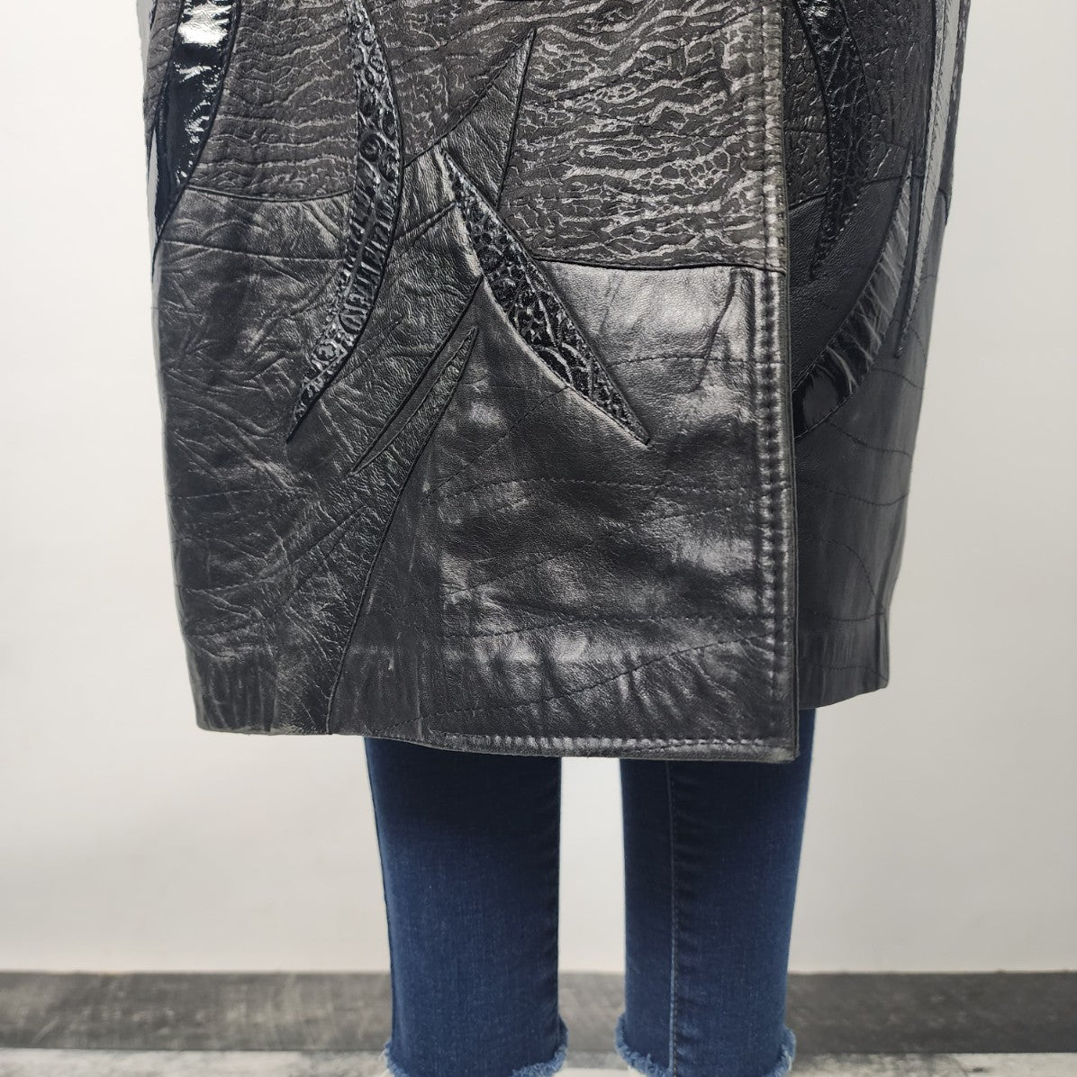 Vintage Leather & Suede Fur Trimmed Patchwork Long Jacket Size M/L