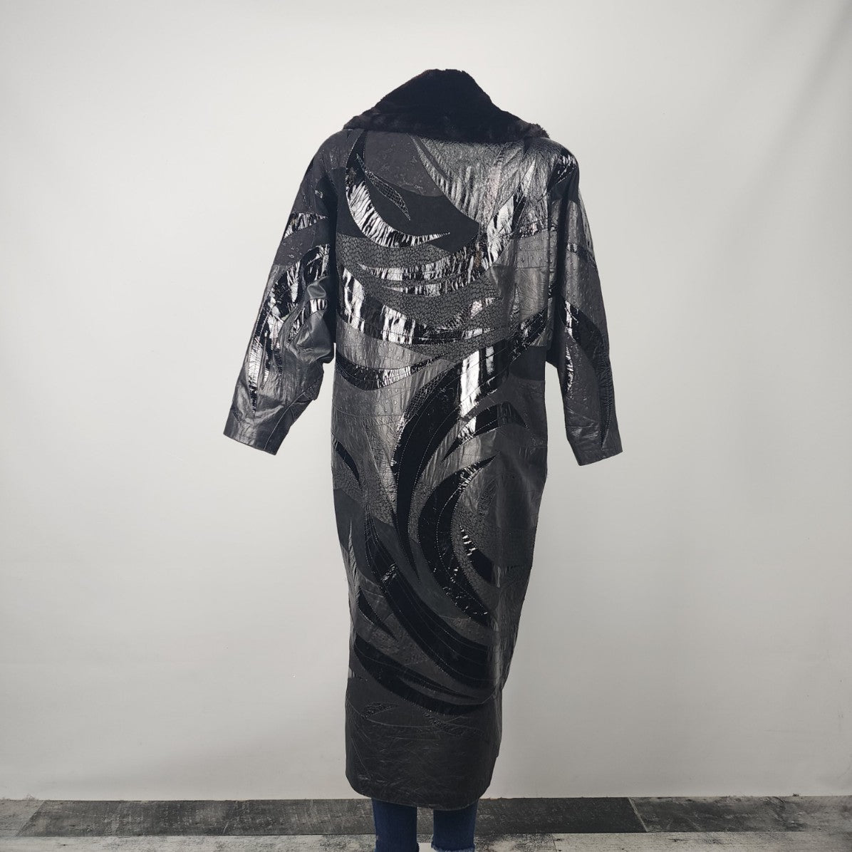 Vintage Leather & Suede Fur Trimmed Patchwork Long Jacket Size M/L