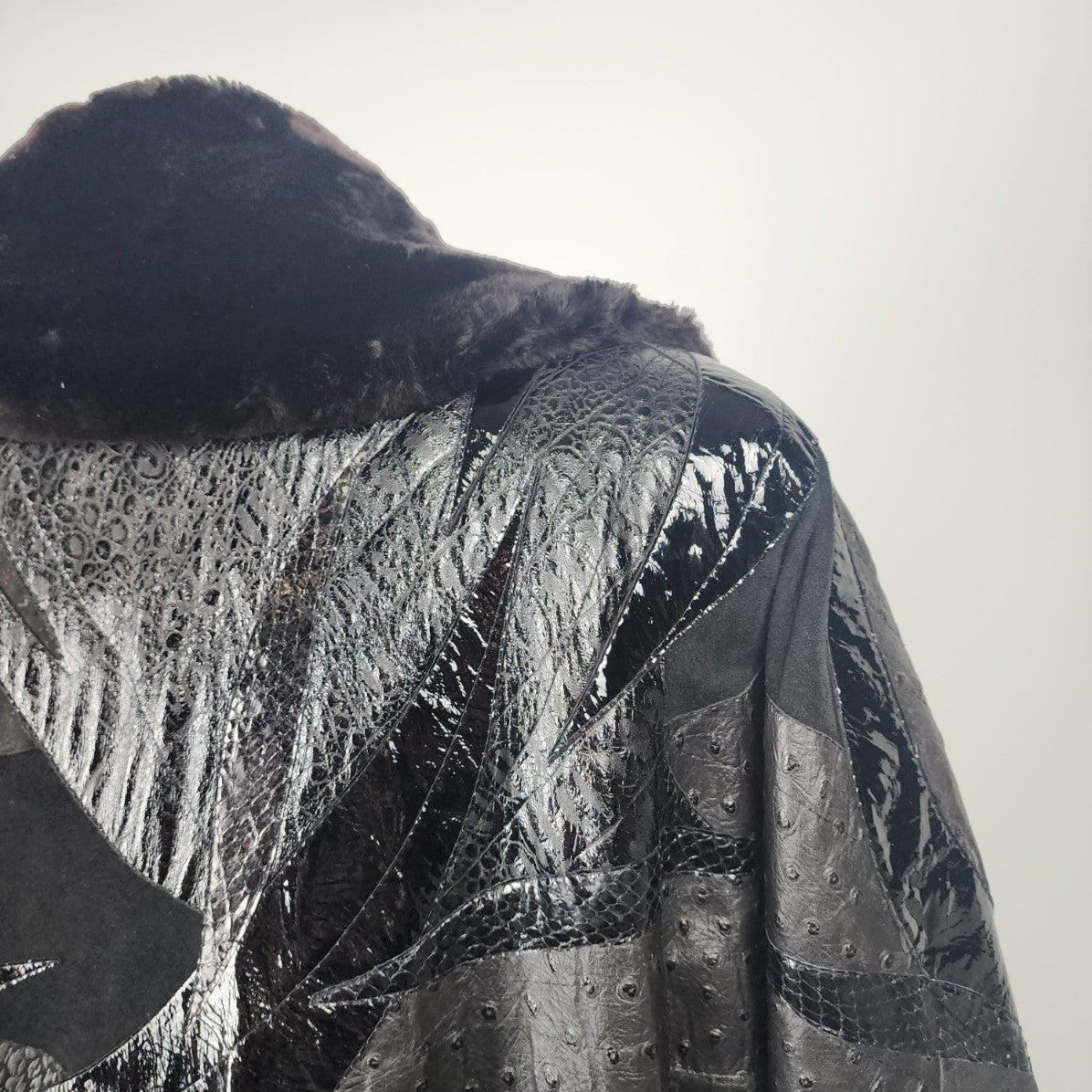 Vintage Leather & Suede Fur Trimmed Patchwork Long Jacket Size M/L