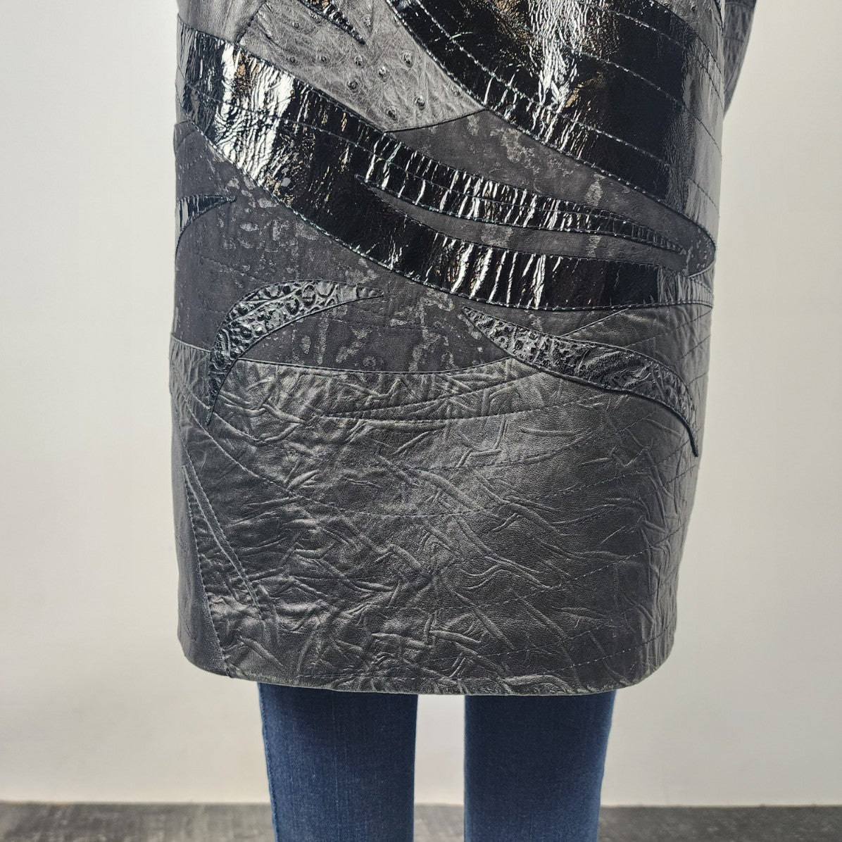 Vintage Leather & Suede Fur Trimmed Patchwork Long Jacket Size M/L