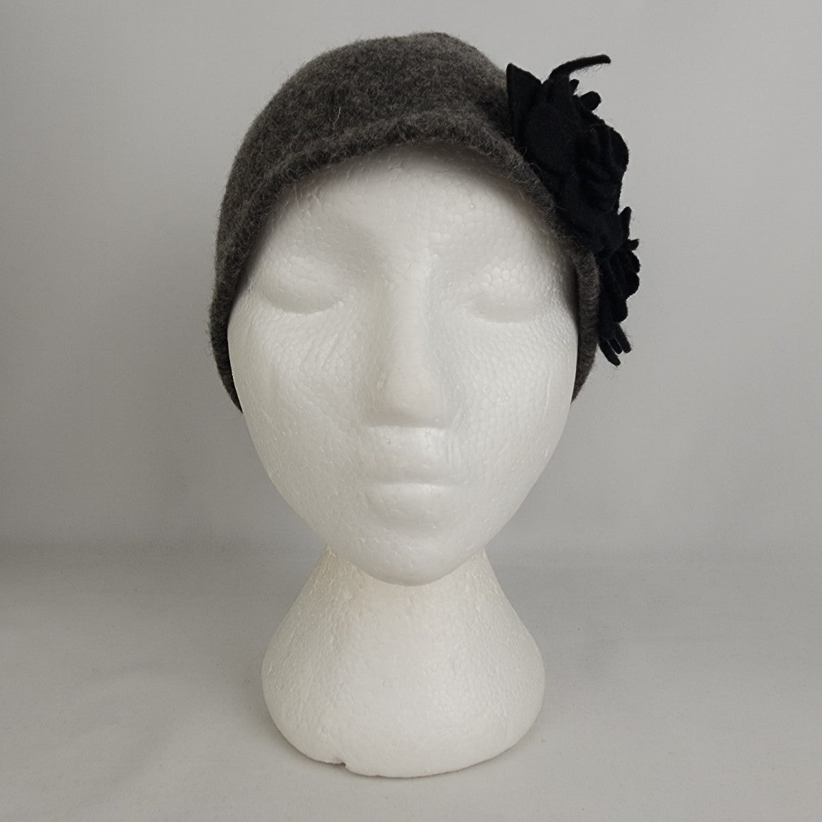 Grey & Black Floral Detail Cloche Felt Wool Hat