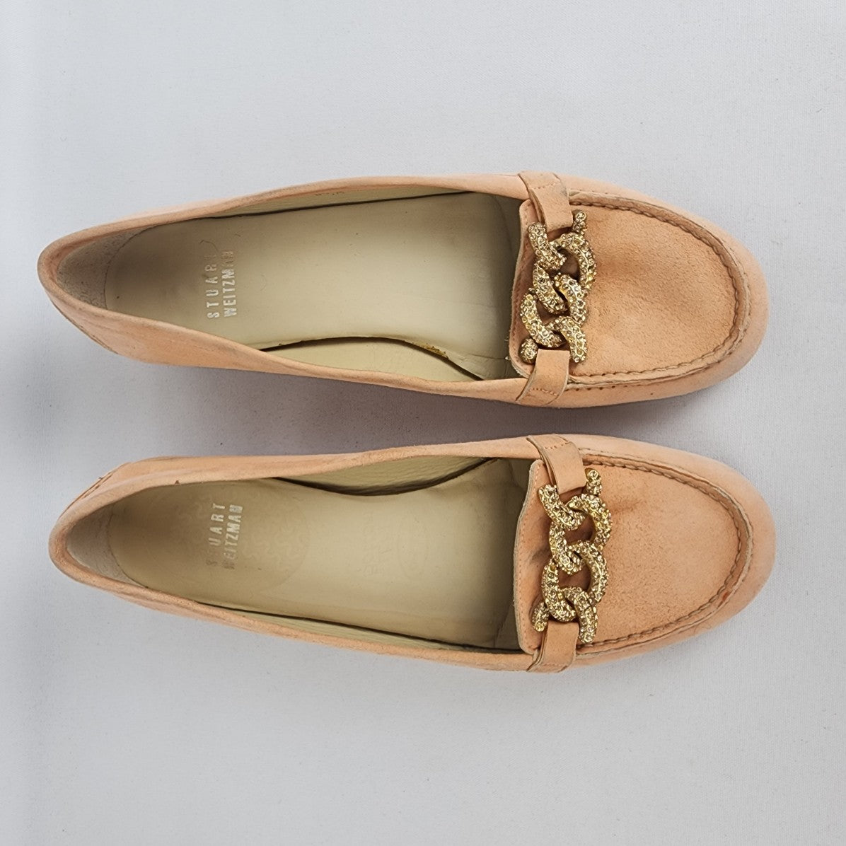 Stuart Weitzman Peach Suede Gold Chain Loafers Size 6.5