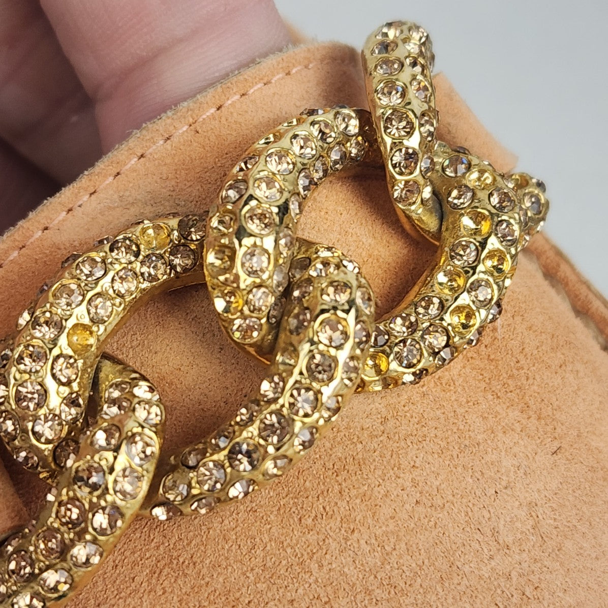 Stuart Weitzman Peach Suede Gold Chain Loafers Size 6.5
