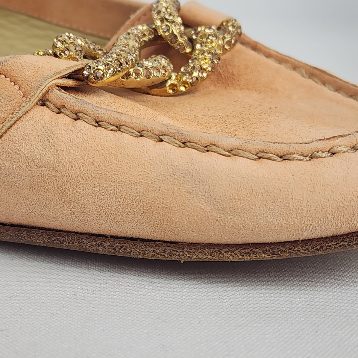 Stuart Weitzman Peach Suede Gold Chain Loafers Size 6.5