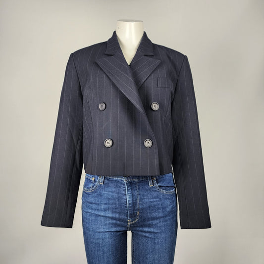 Ilja Navy Blue Pin Striped Double Breasted Cropped Blazer Size M