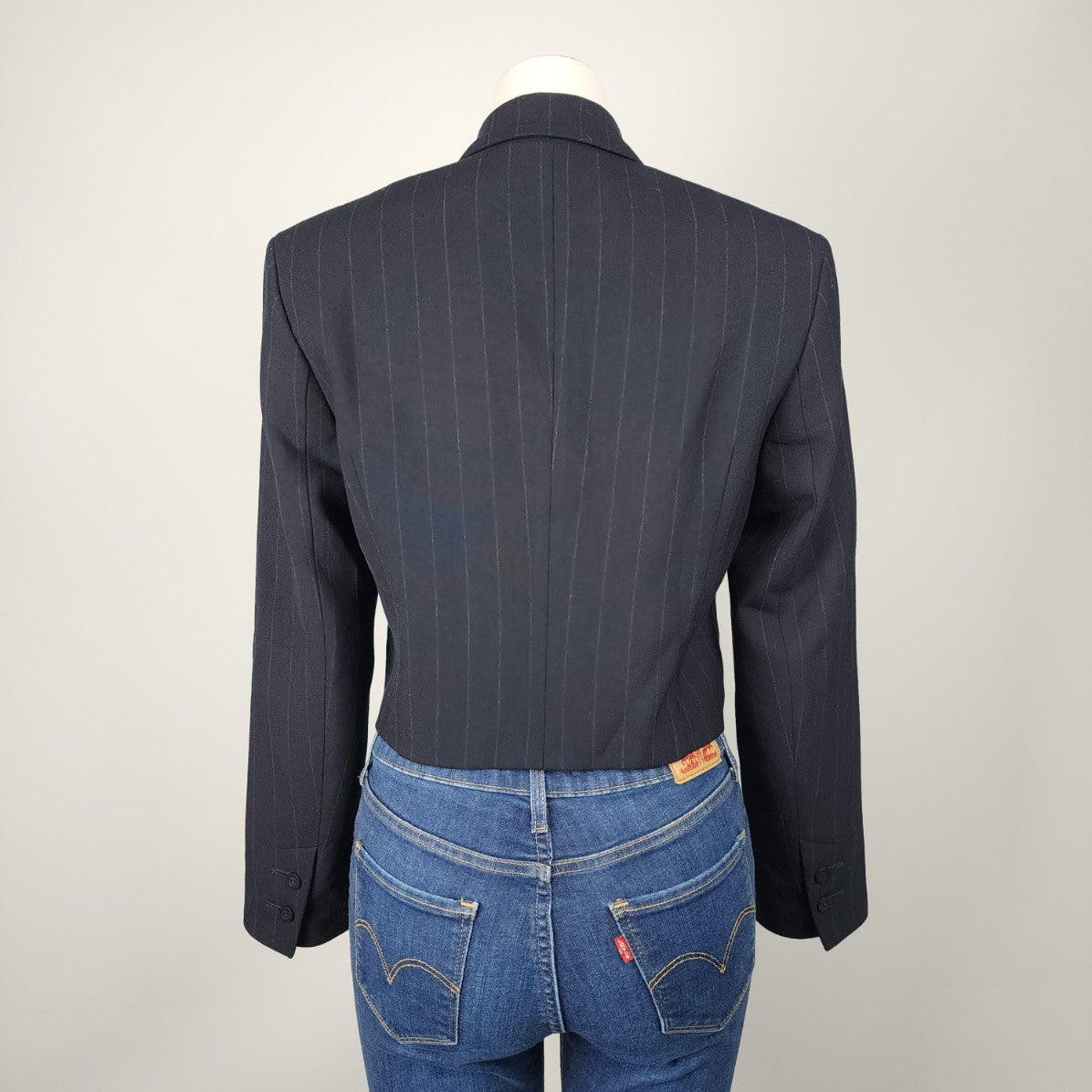 Ilja Navy Blue Pin Striped Double Breasted Cropped Blazer Size M