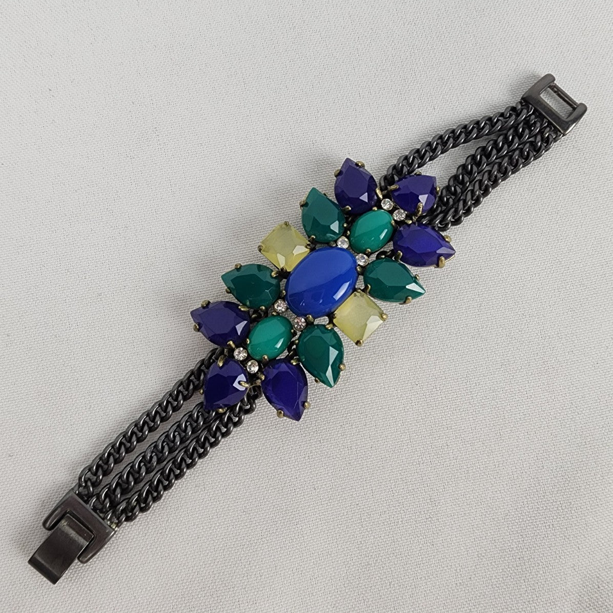 Stella And Dot Blue & Green Rhinestone Hematite Black Chain Link Bracelet