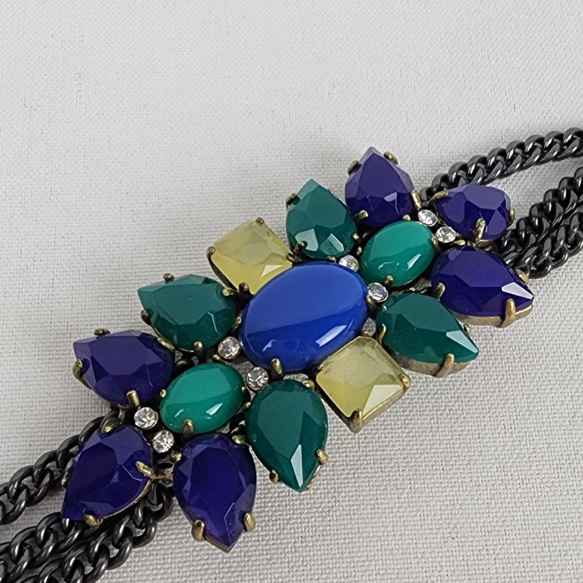 Stella And Dot Blue & Green Rhinestone Hematite Black Chain Link Bracelet