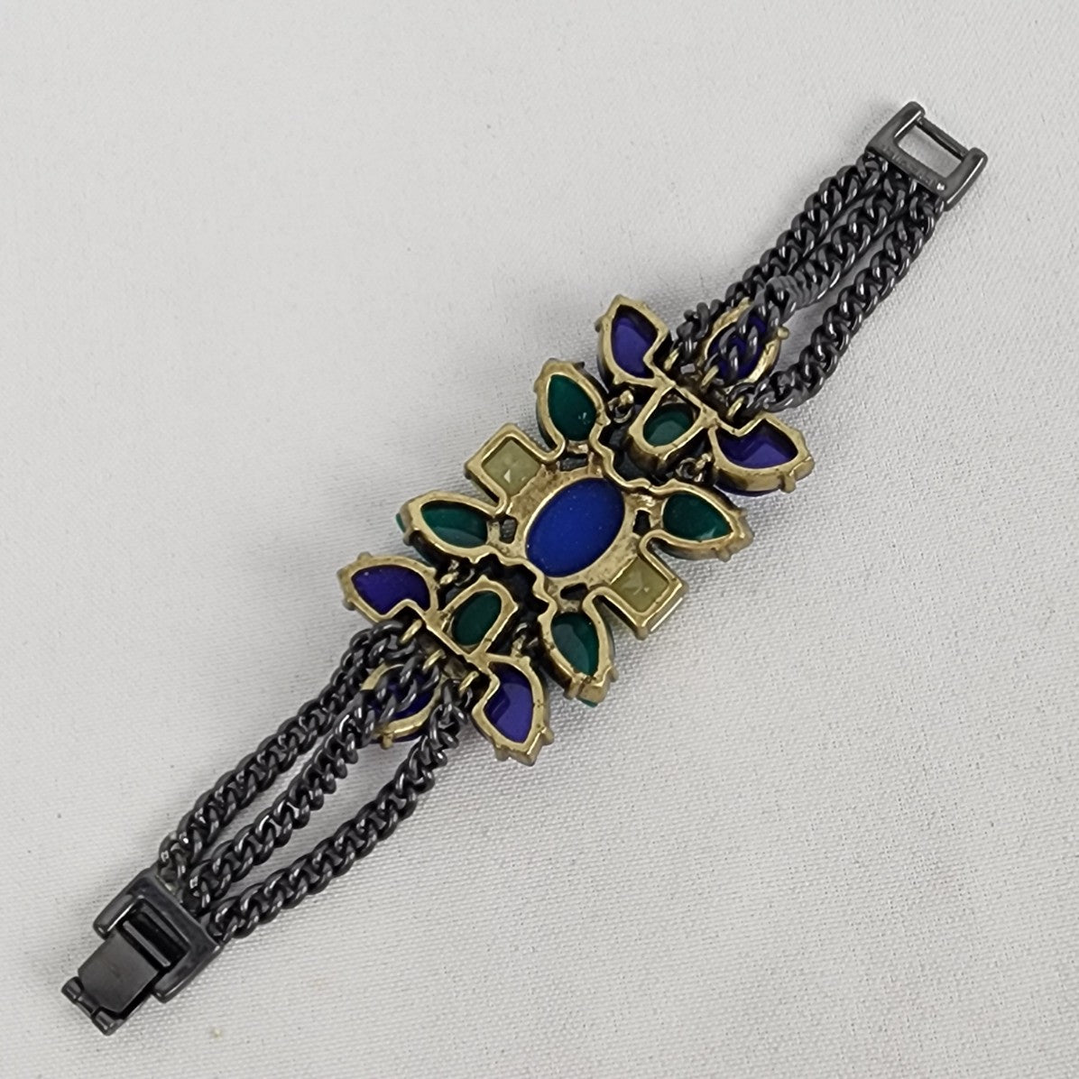 Stella And Dot Blue & Green Rhinestone Hematite Black Chain Link Bracelet