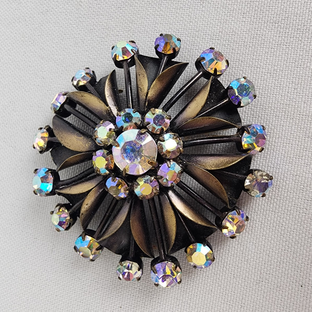 Vintage Bronze Tone AB Crystal Brooch & Clip On Earring Set