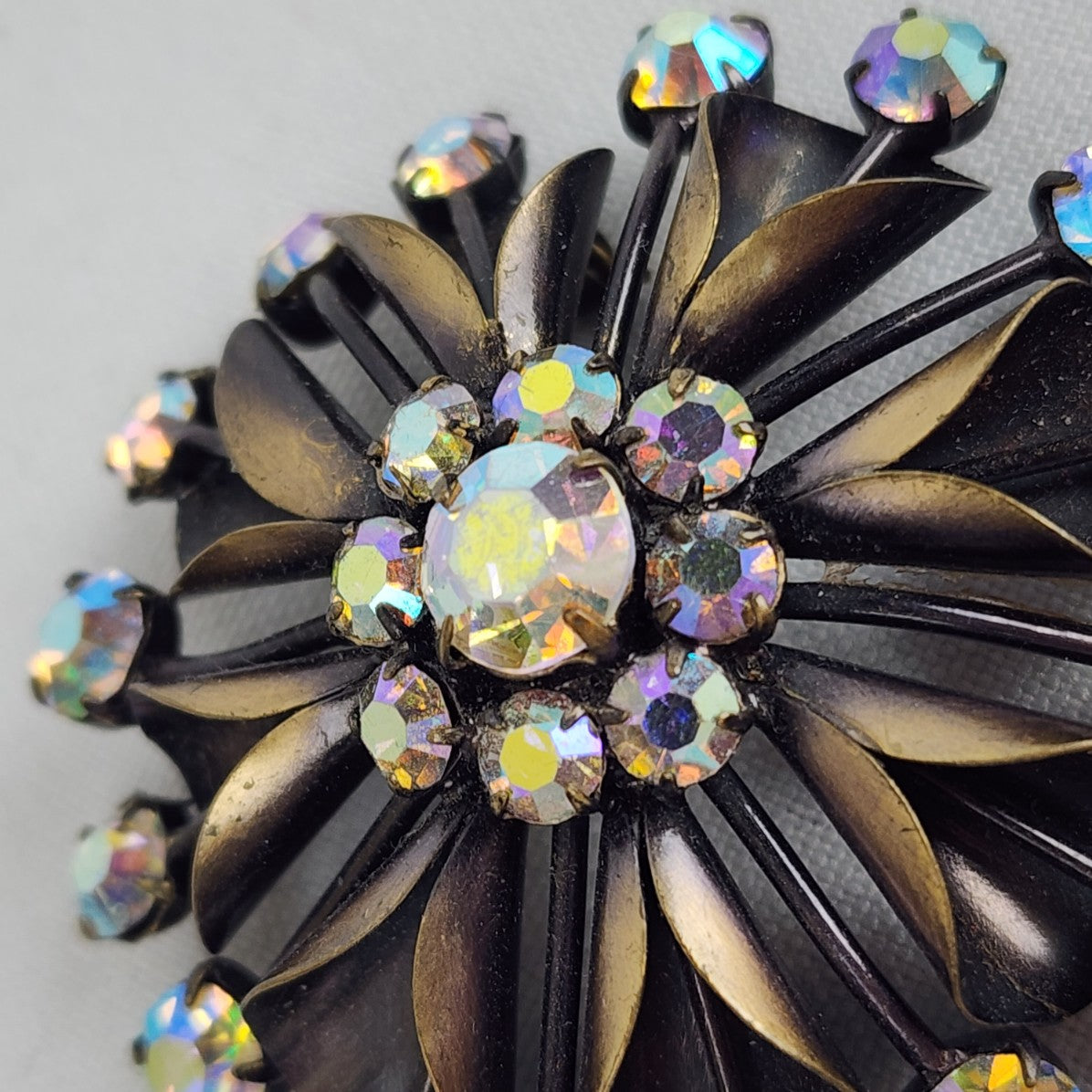 Vintage Bronze Tone AB Crystal Brooch & Clip On Earring Set
