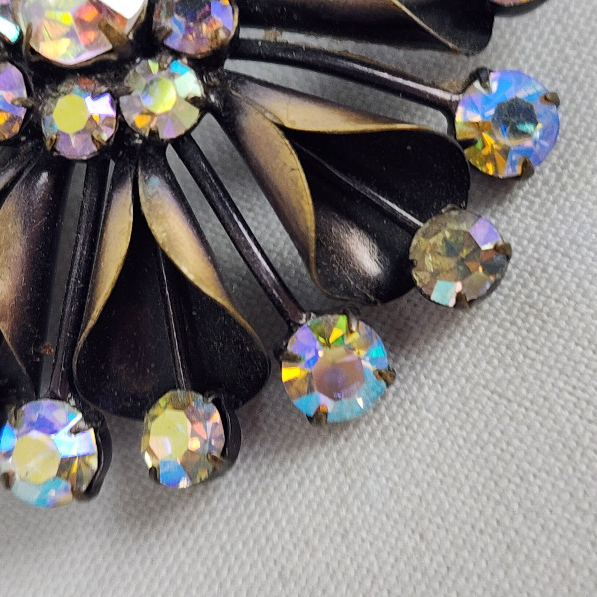 Vintage Bronze Tone AB Crystal Brooch & Clip On Earring Set