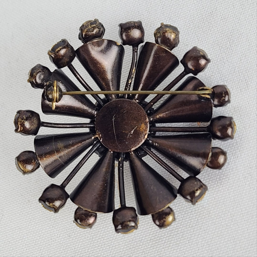 Vintage Bronze Tone AB Crystal Brooch & Clip On Earring Set