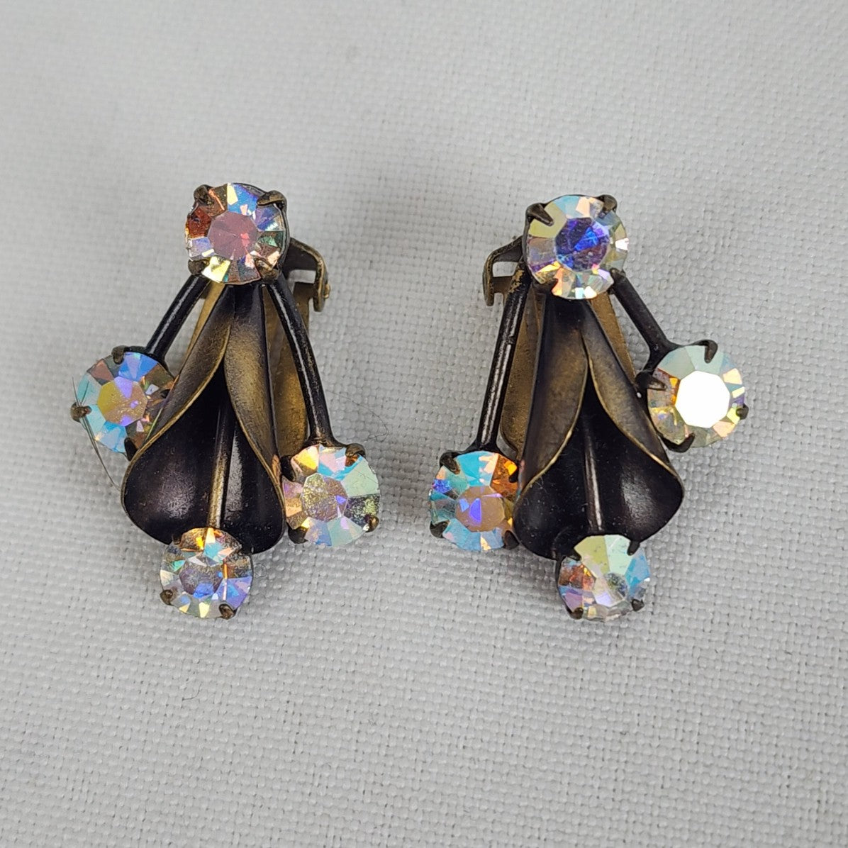 Vintage Bronze Tone AB Crystal Brooch & Clip On Earring Set