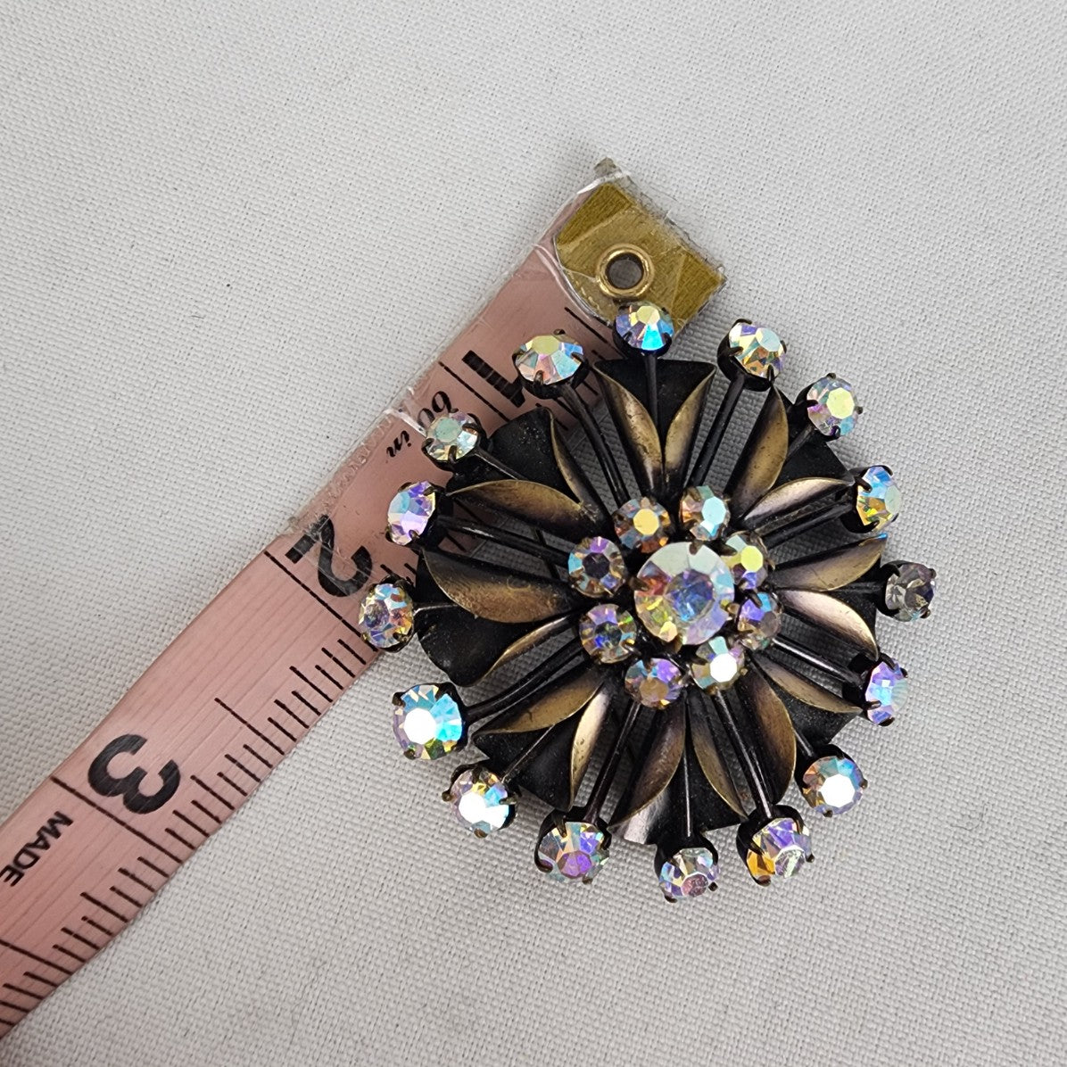 Vintage Bronze Tone AB Crystal Brooch & Clip On Earring Set