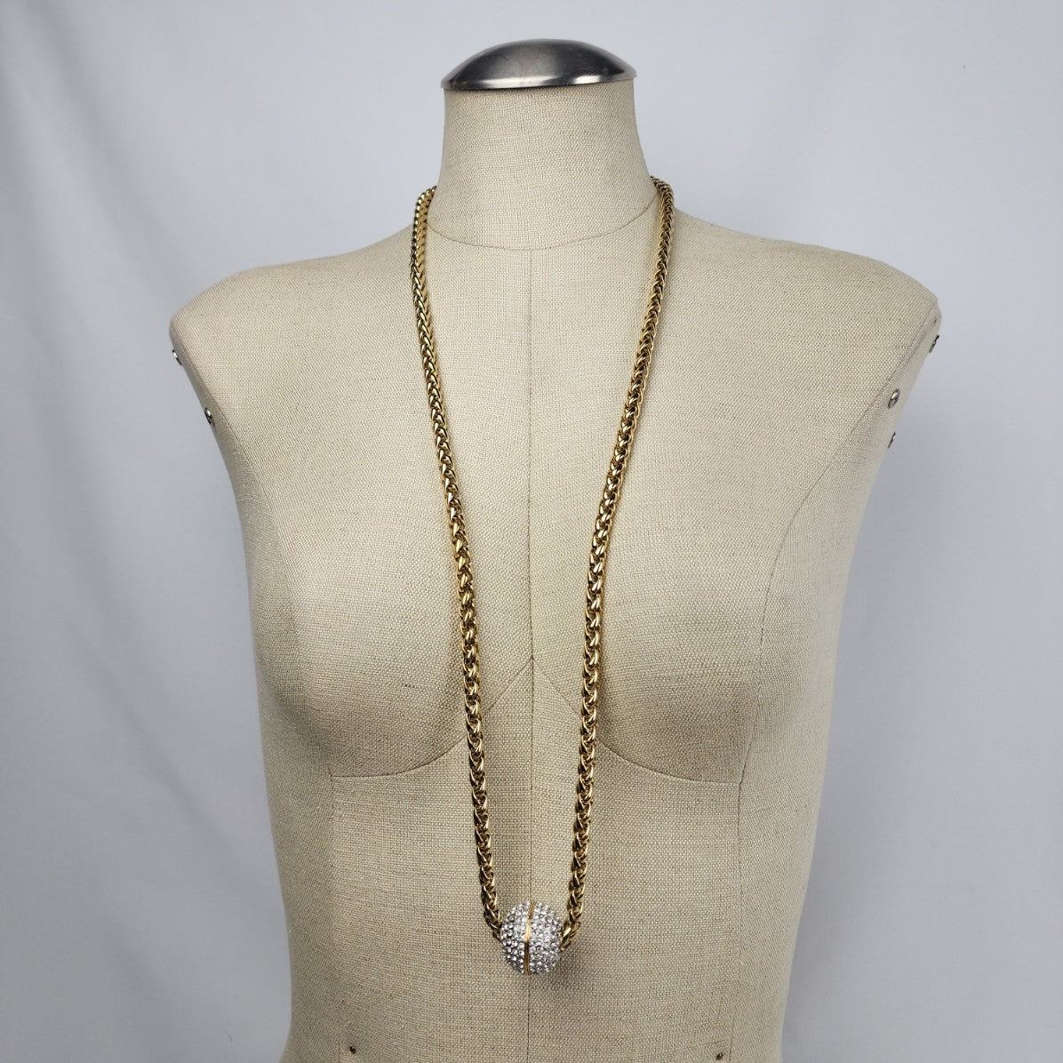 Vintage Gold Rope Chain Crystal Ball Pendant Necklace