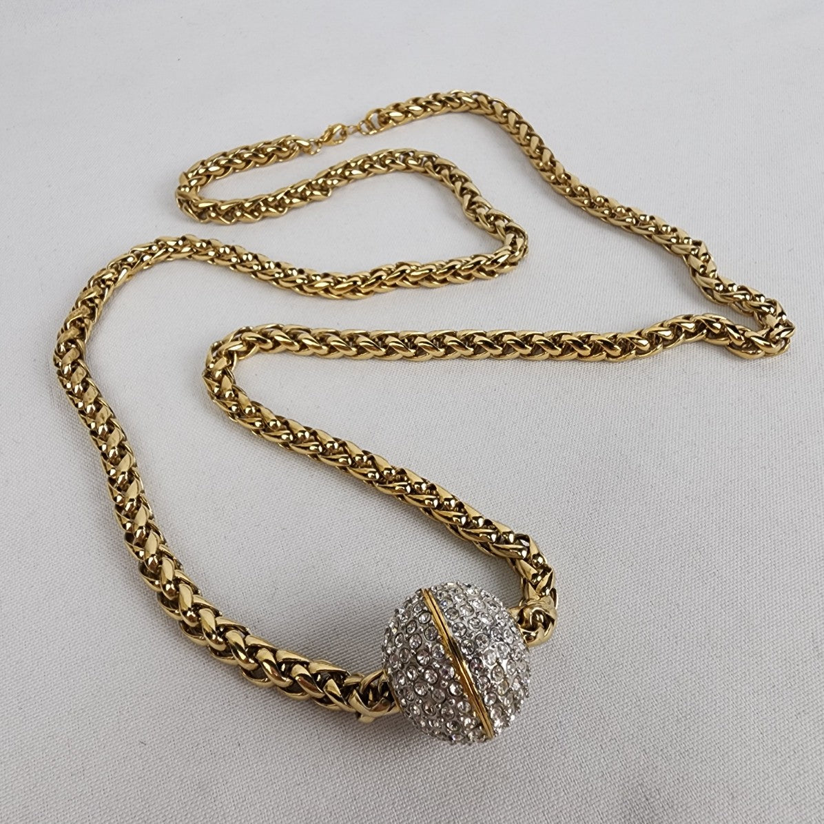 Vintage Gold Rope Chain Crystal Ball Pendant Necklace