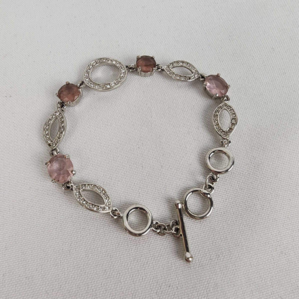 Silver Tone Pink Stone Chain Toggle Bracelet