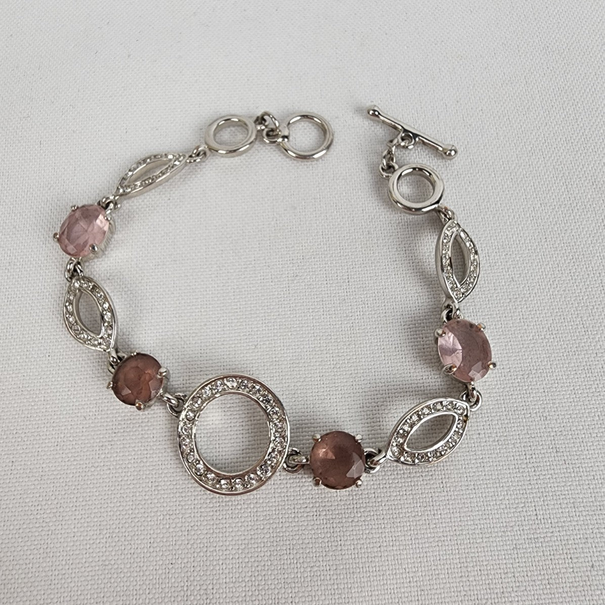 Silver Tone Pink Stone Chain Toggle Bracelet