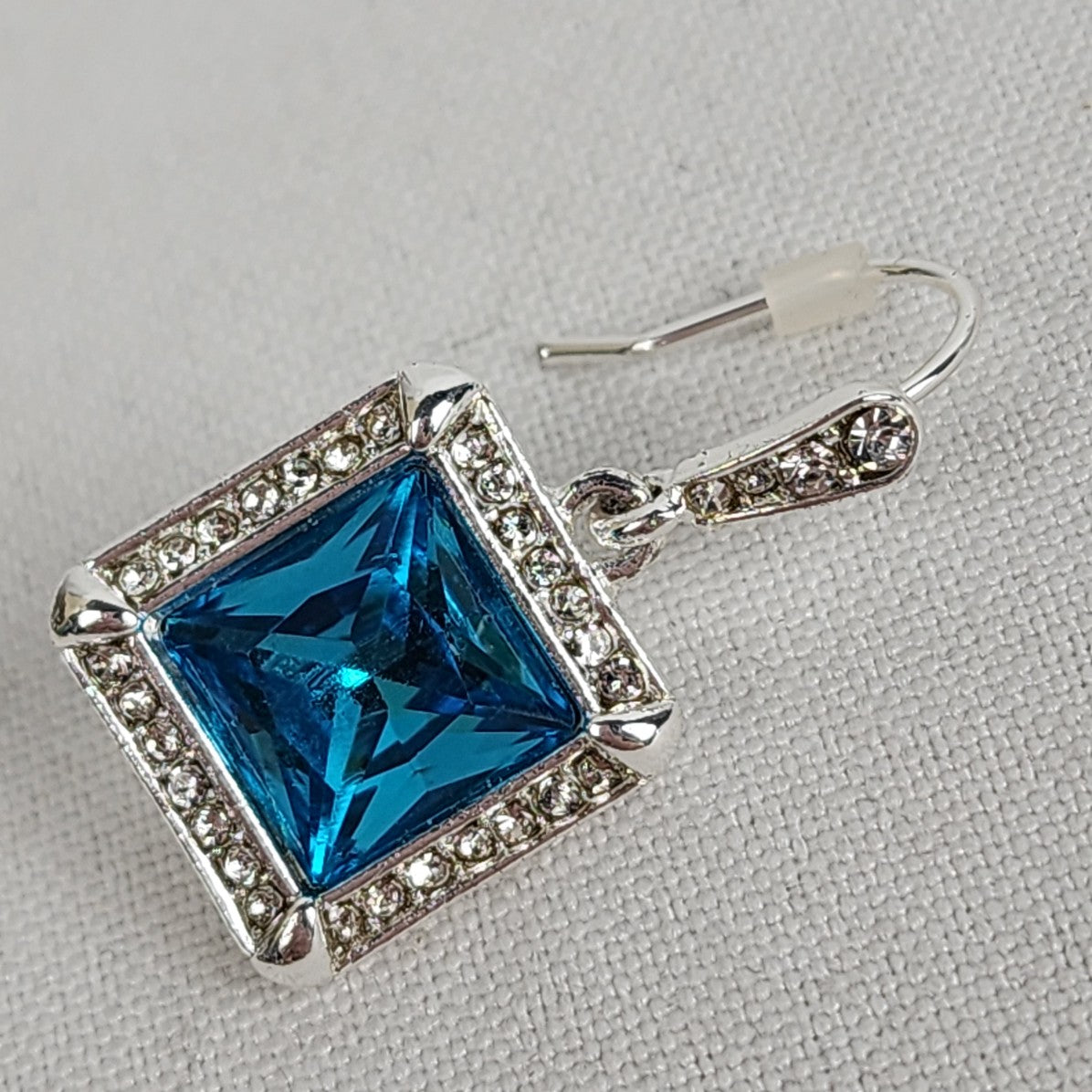 Silver Tone Blue Square Stone Drop Earrings