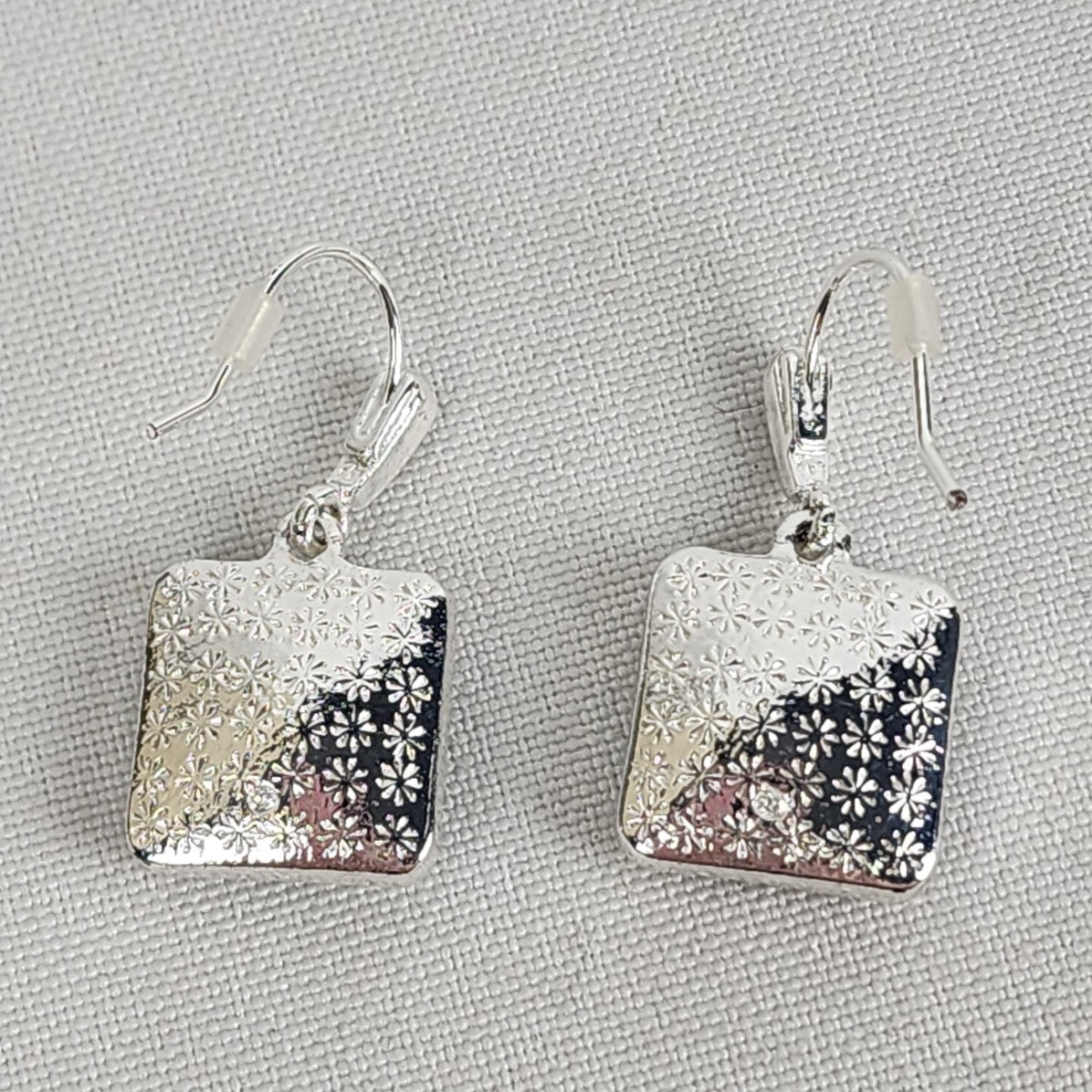 Silver Tone Blue Square Stone Drop Earrings