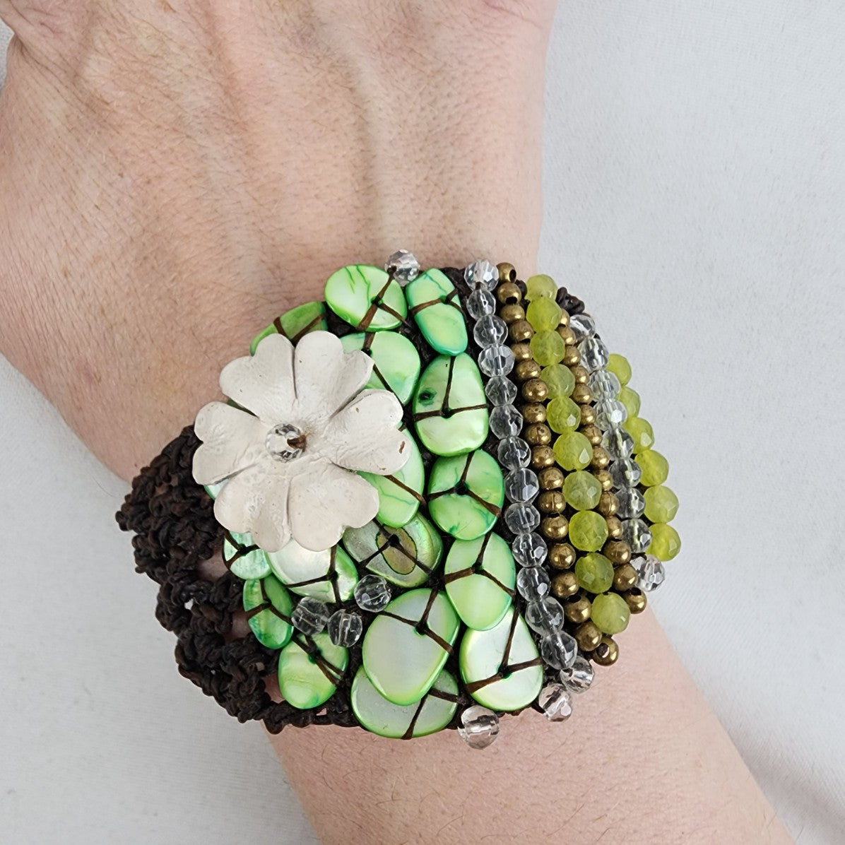 Hand Made Green Beaded Floral Statement Bracelet