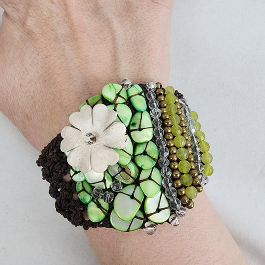 Hand Made Green Beaded Floral Statement Bracelet