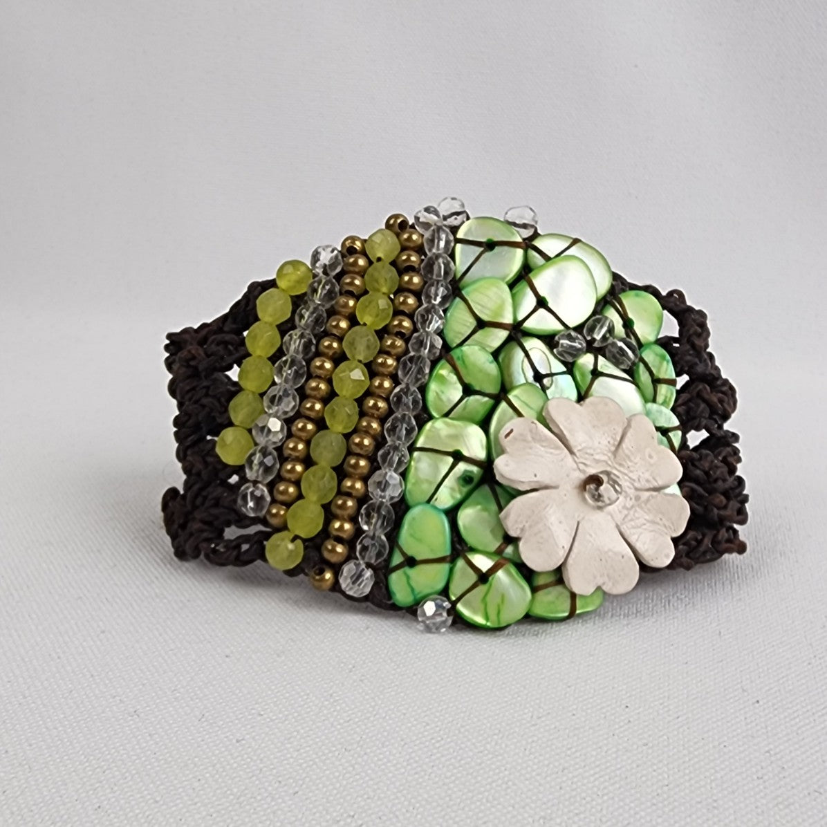 Hand Made Green Beaded Floral Statement Bracelet