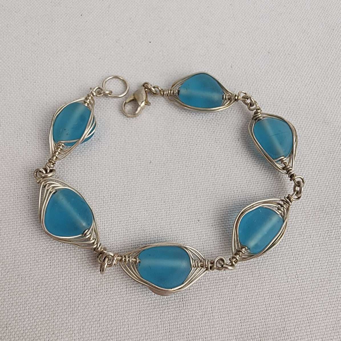Blue Sea Glass Wire Wrapped Bracelet