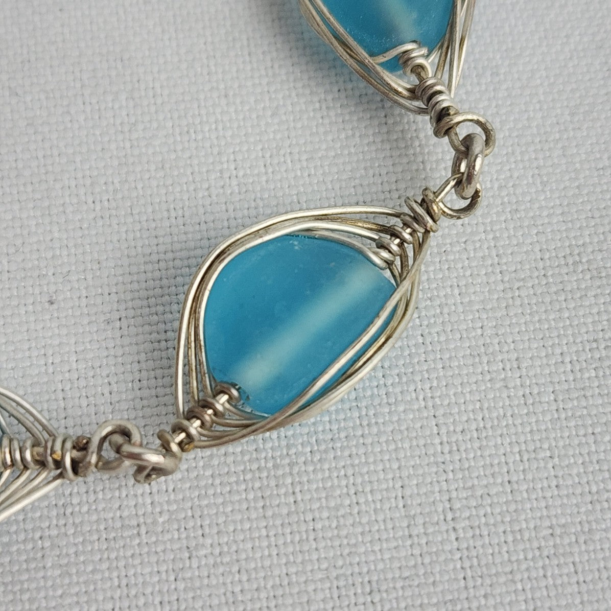 Blue Sea Glass Wire Wrapped Bracelet