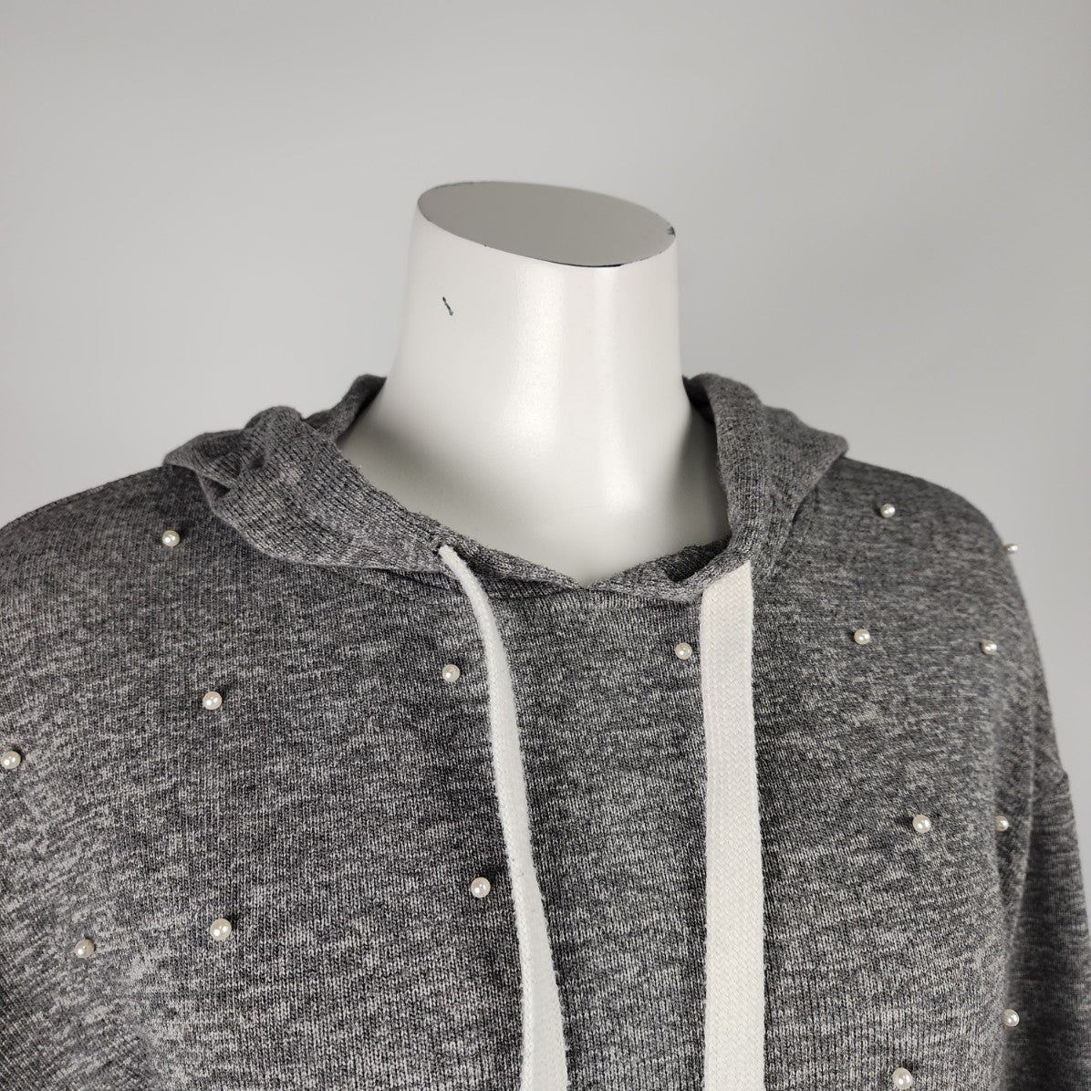 Dex Grey Knit Pearl Detail Hoodie Sweater Size M