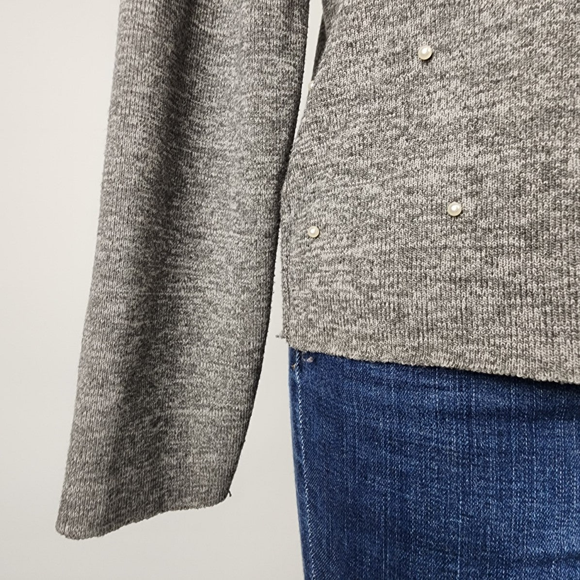 Dex Grey Knit Pearl Detail Hoodie Sweater Size M