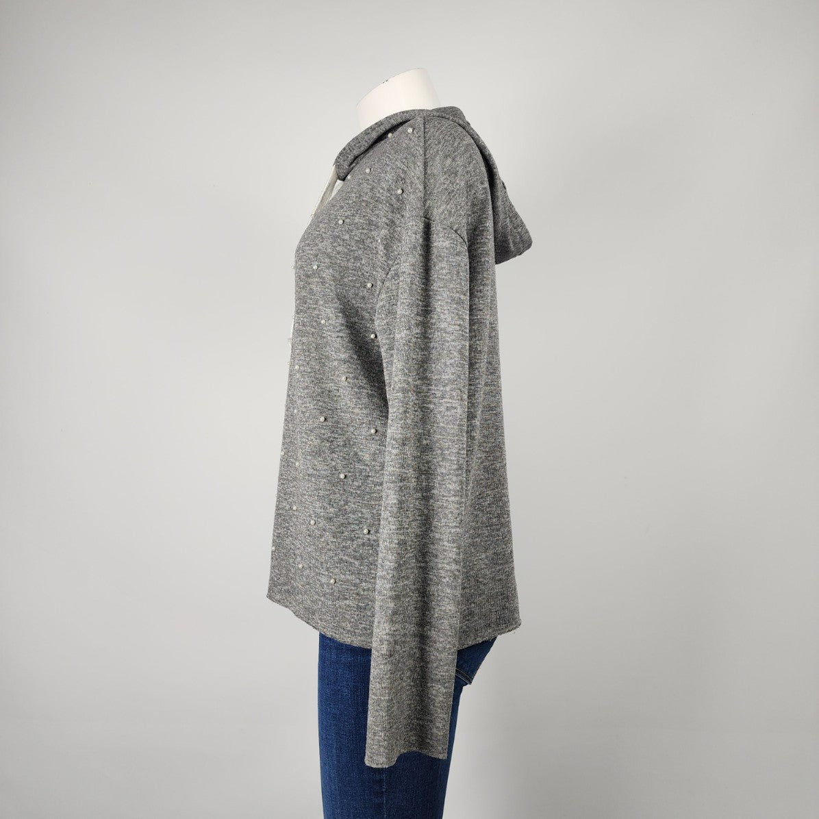 Dex Grey Knit Pearl Detail Hoodie Sweater Size M